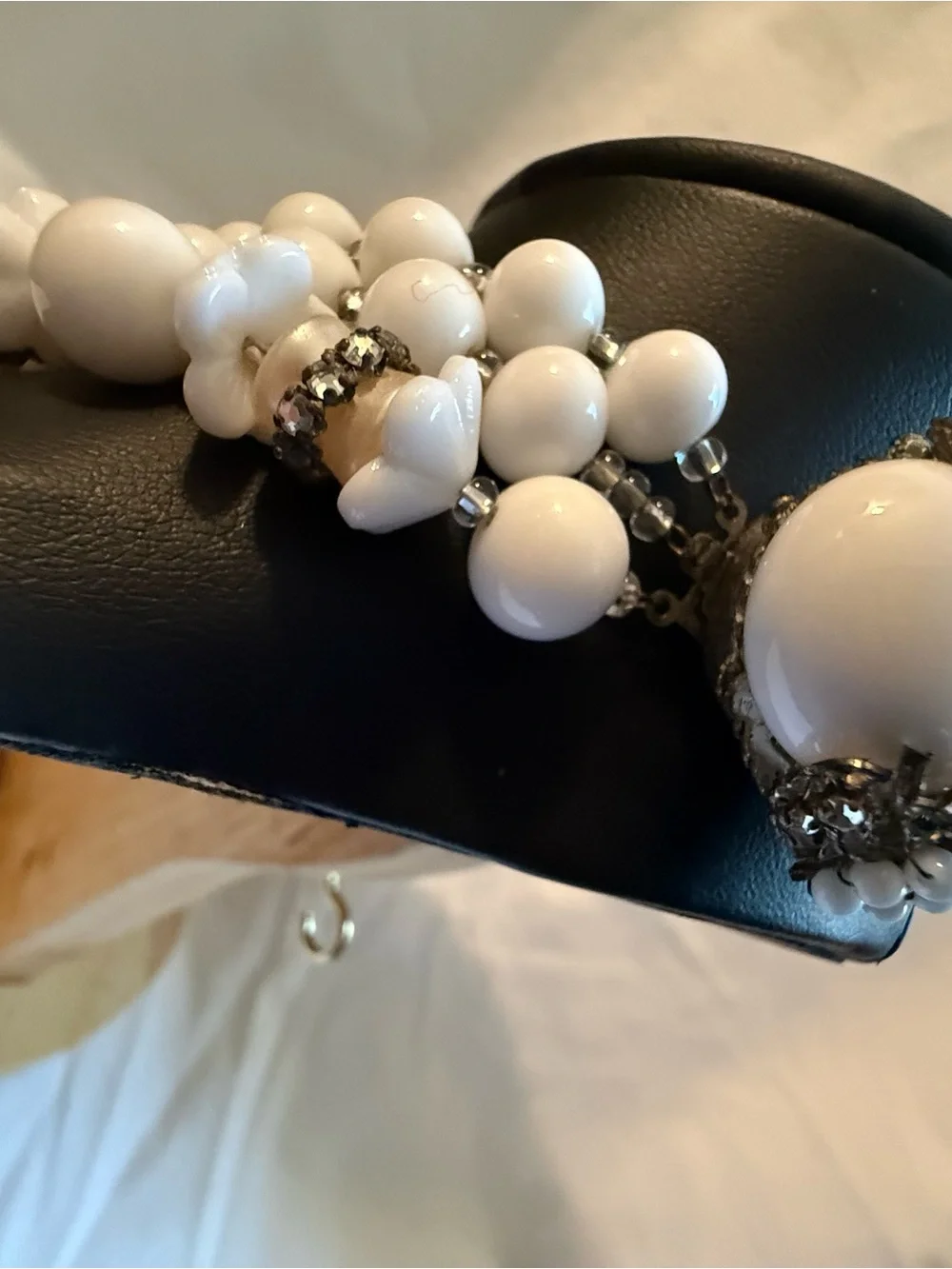 Miriam Haskell White Beaded Multi-Strand Necklace with Rhinestone Spacers